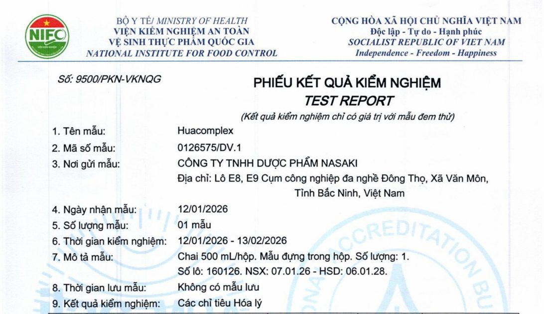 Phiếu kiểm nghiệm Huacomplex