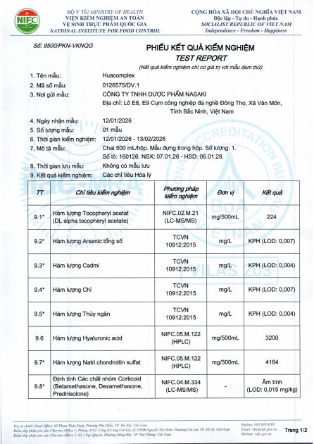Phiếu kết quả kiểm nghiệm Huacomplex (trang 1)